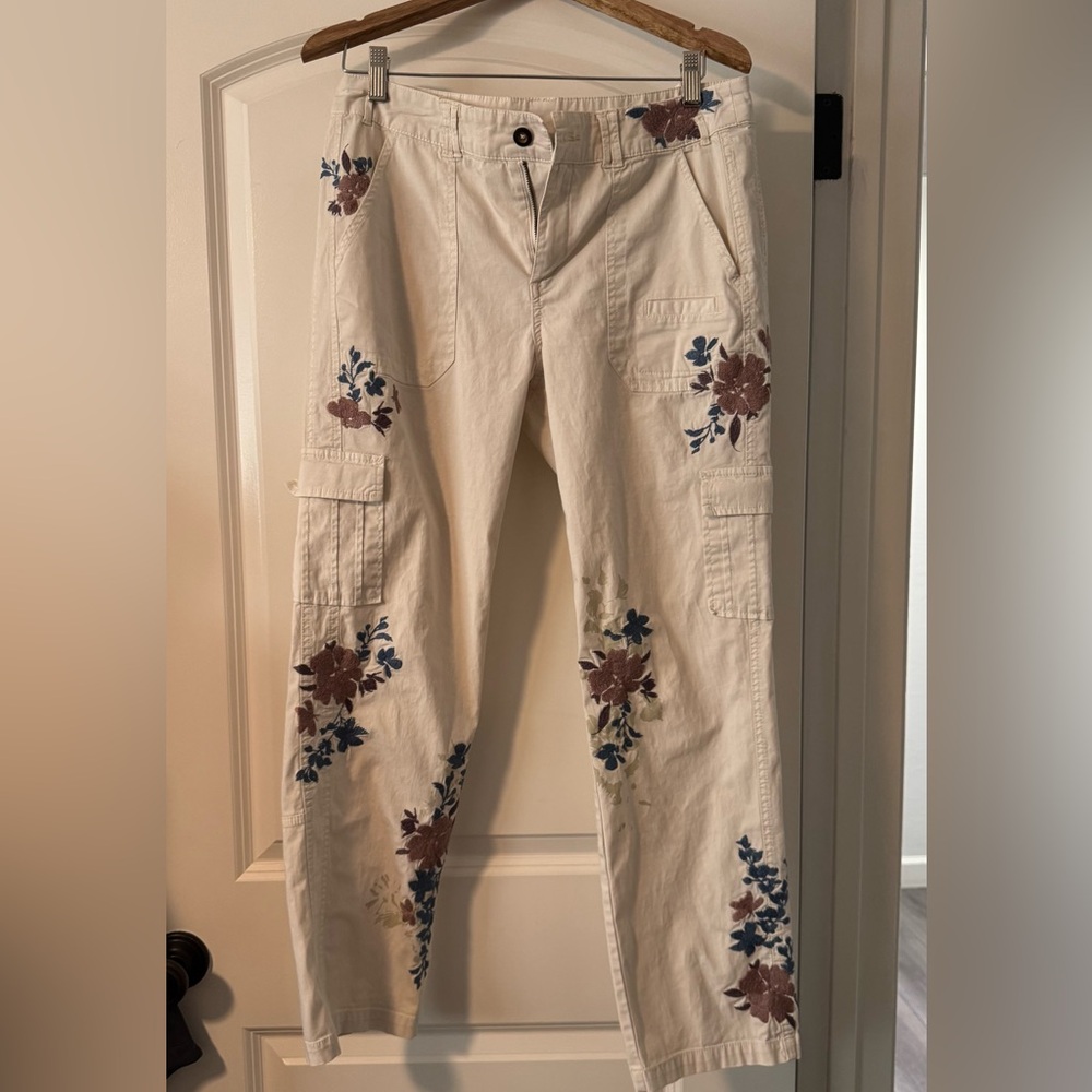 Sundance Cream Cotton Pants with Floral embroidered design in blue and mauve